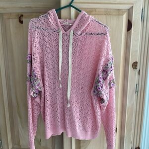 POL Pink Crochet Knit Hoodie w Floral Elbow Patches and on hoodie SzS $50 NWOT